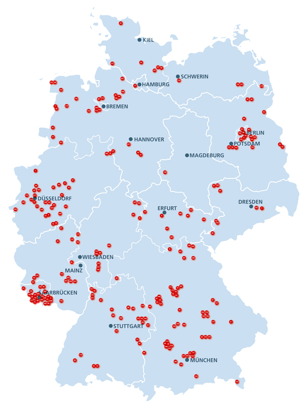 Deutschlandkarte mit allen Standorten von AVIE Apotheken